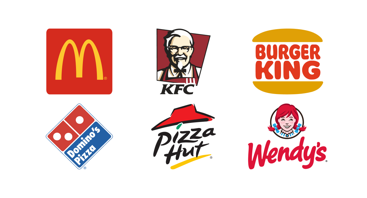 Ukázka největších značek fastfoodů, které využívají červenou barvu jako barvu, která má potenciál vyvolávat hlad