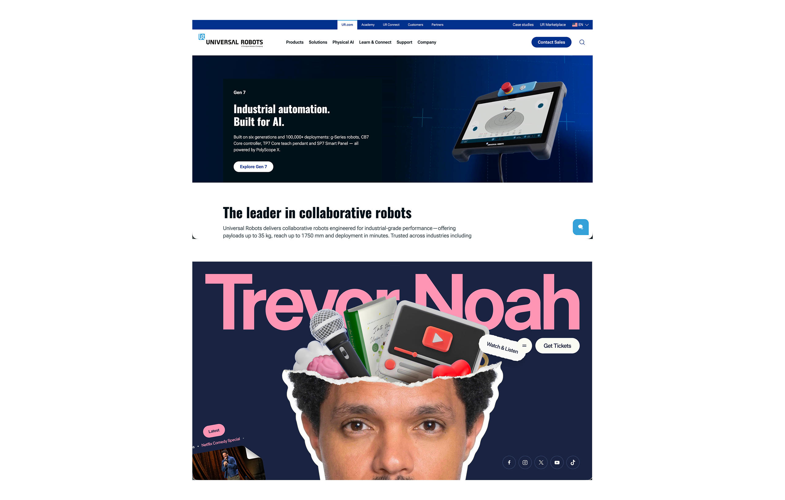 Srovnání dvou prezentačních webů – firma Universal Robots a bavič Trevor Noah